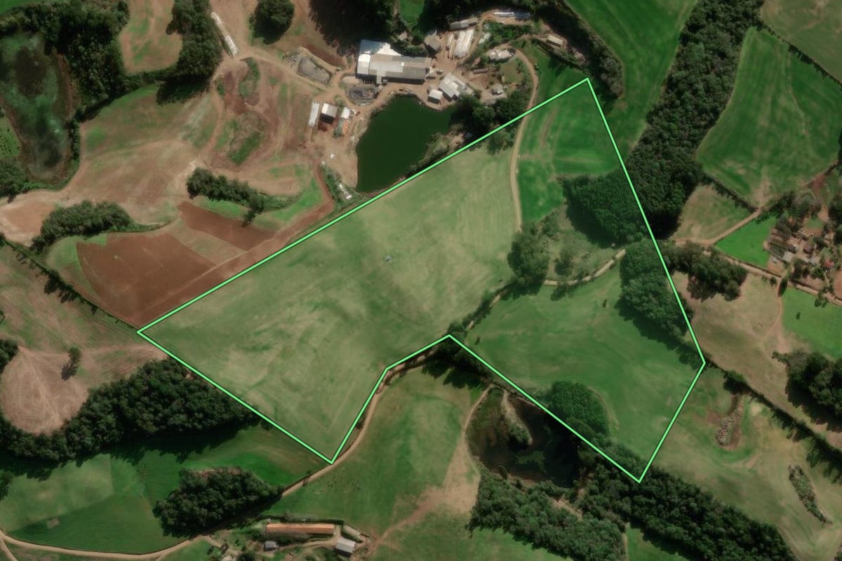 Imagem de satélite do imóvel rural em Paraí (RS), com o contorno declarado no CAR desenhado por cima.