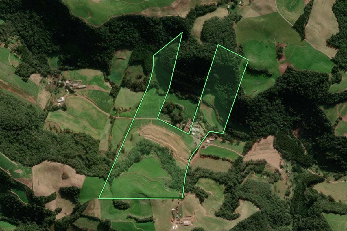 Imagem de satélite do imóvel rural em Paraí (RS), com o contorno declarado no CAR desenhado por cima.