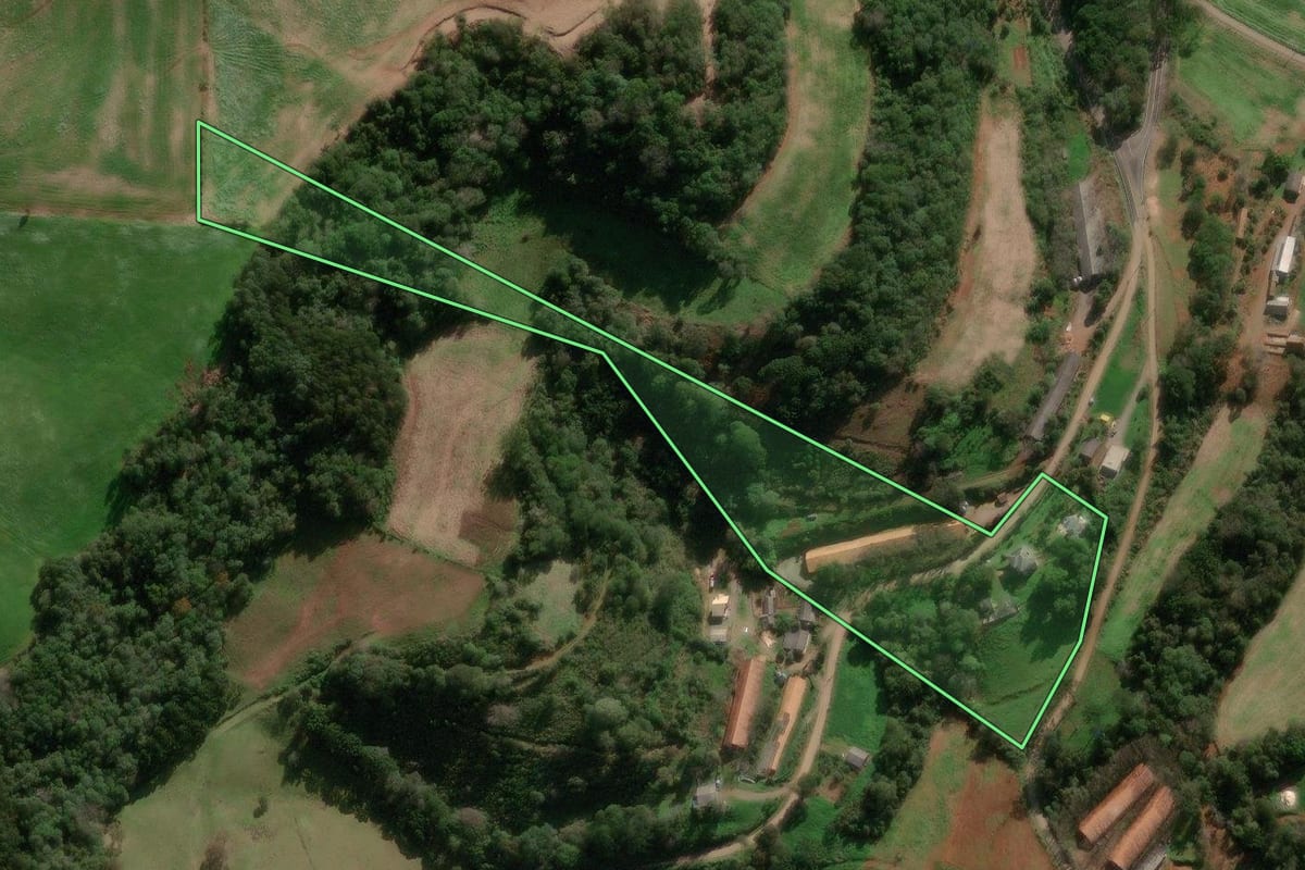 Imagem de satélite do imóvel rural em Paraí (RS), com o contorno declarado no CAR desenhado por cima.