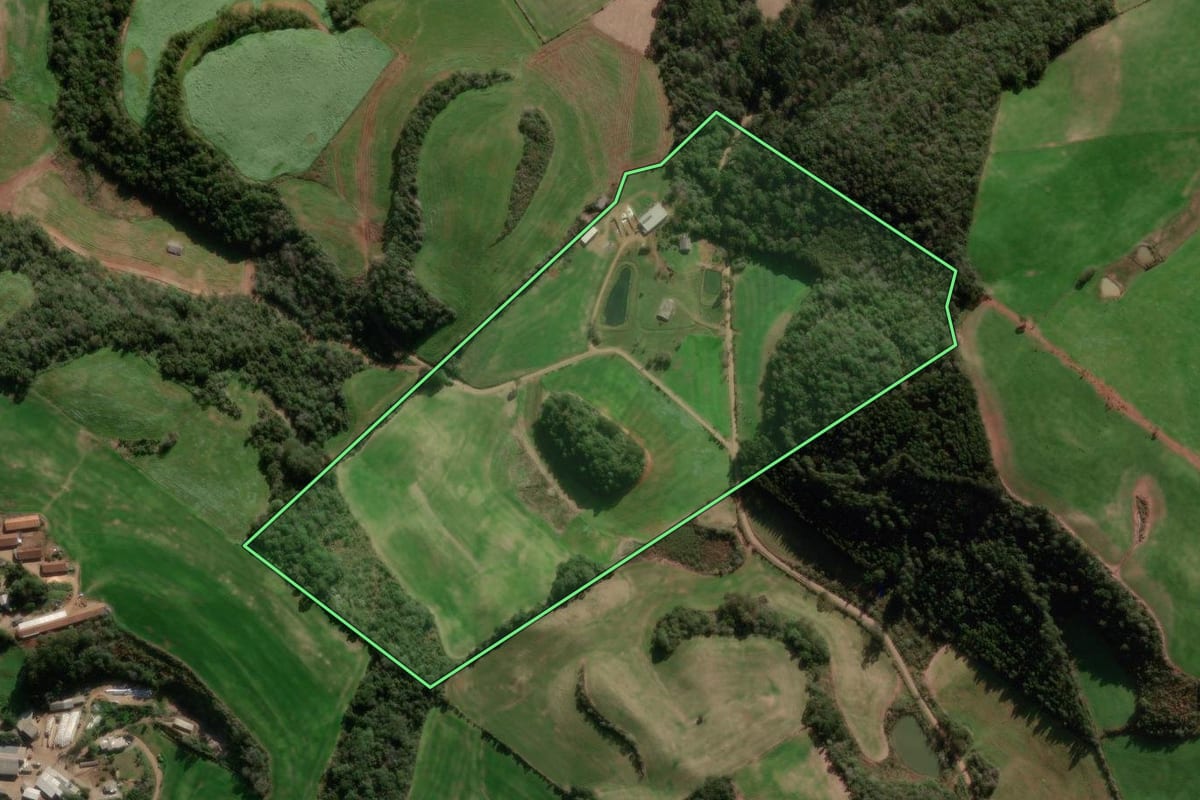 Imagem de satélite do imóvel rural em Paraí (RS), com o contorno declarado no CAR desenhado por cima.