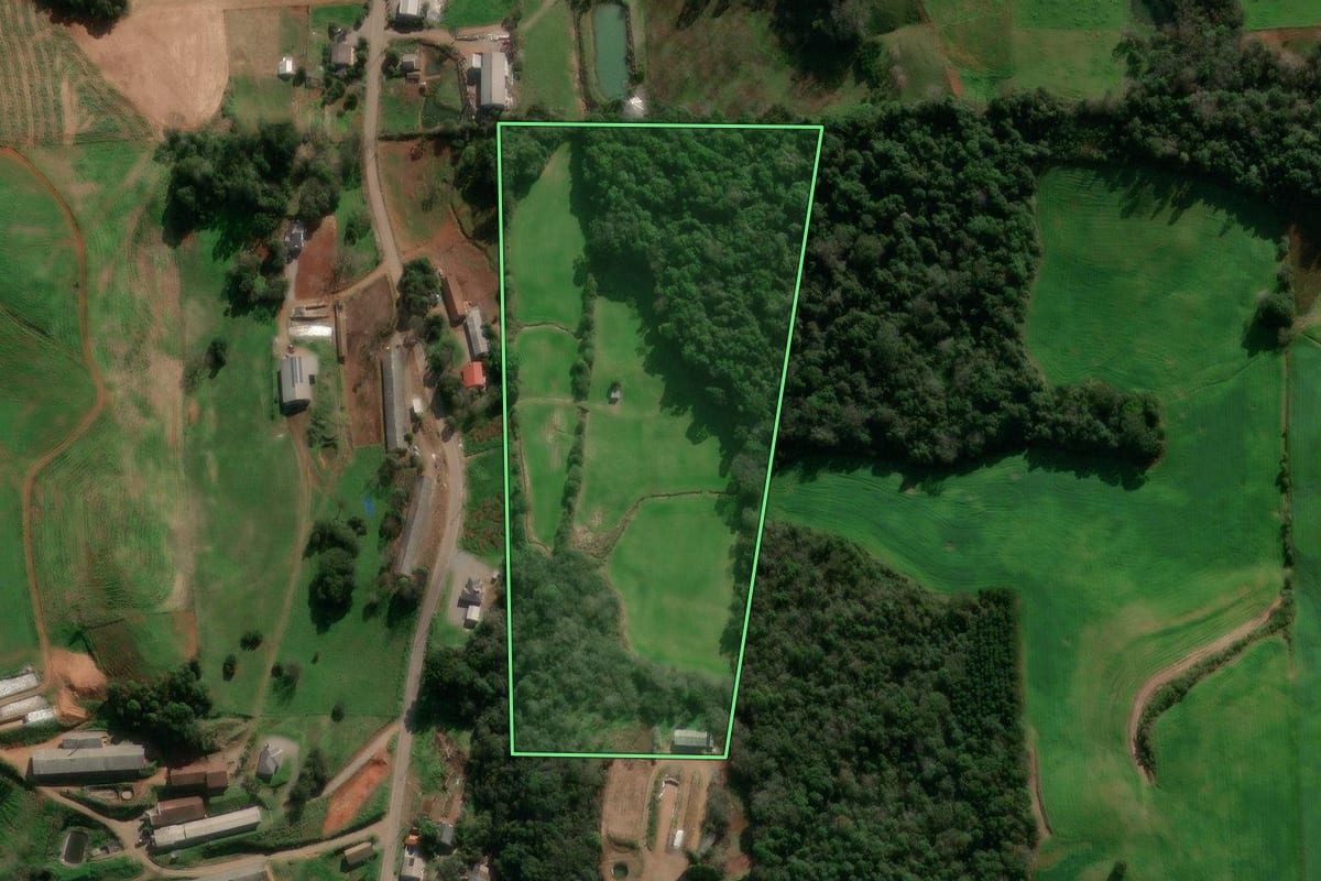 Imagem de satélite do imóvel rural em Paraí (RS), com o contorno declarado no CAR desenhado por cima.