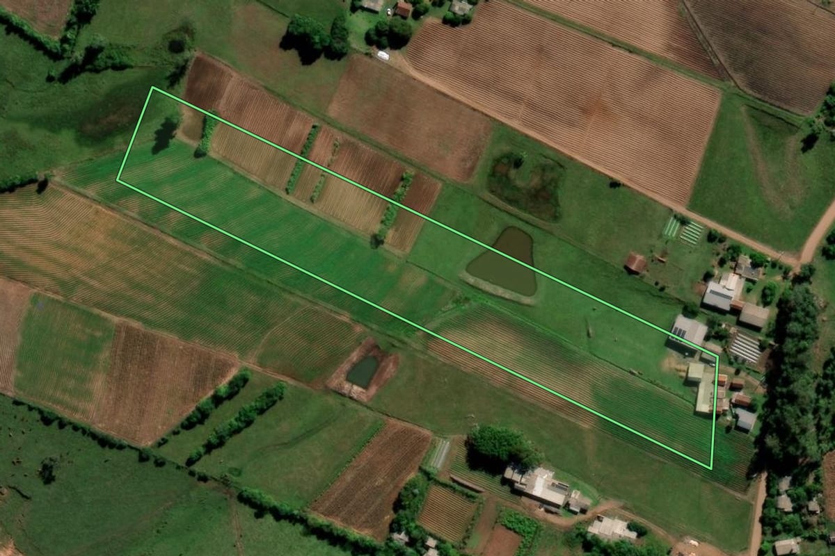 Imagem de satélite do imóvel rural em Paraíso do Sul (RS), com o contorno declarado no CAR desenhado por cima.