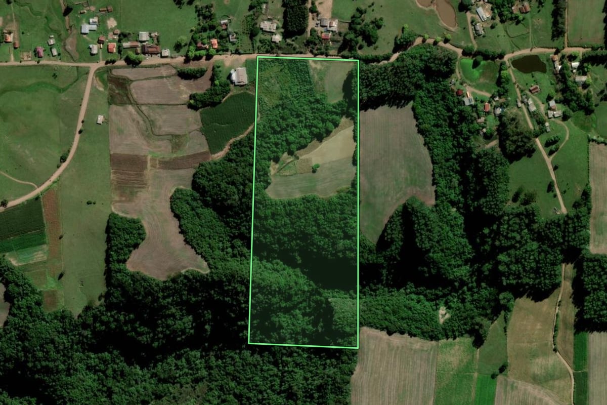 Imagem de satélite do imóvel rural em Paraíso do Sul (RS), com o contorno declarado no CAR desenhado por cima.