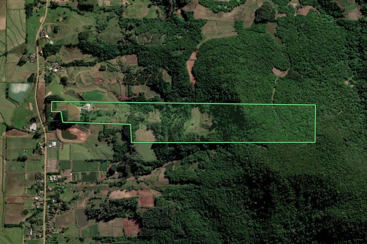 Imagem de satélite do imóvel rural em Paraíso do Sul (RS), com o contorno declarado no CAR desenhado por cima.