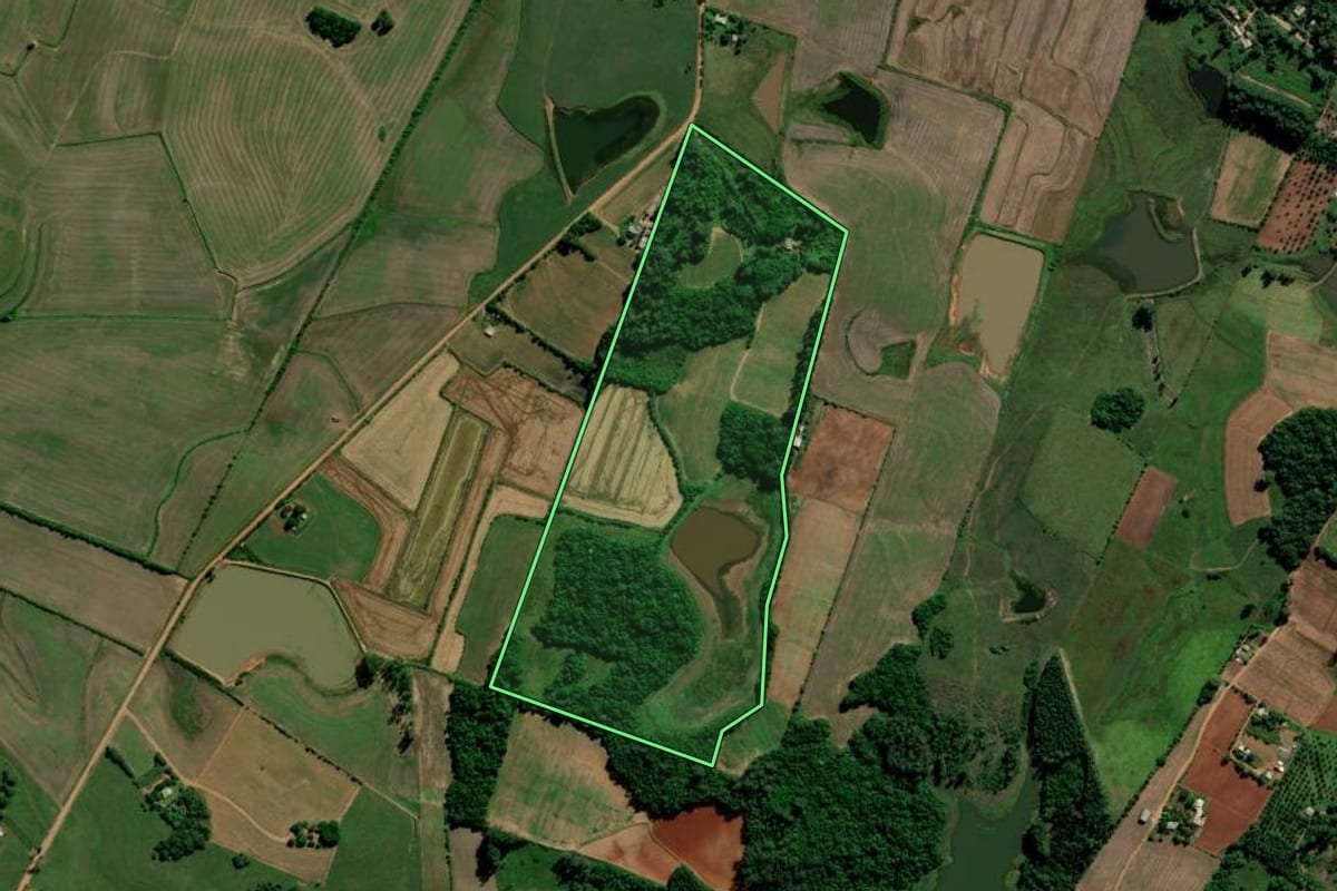 Imagem de satélite do imóvel rural em Paraíso do Sul (RS), com o contorno declarado no CAR desenhado por cima.