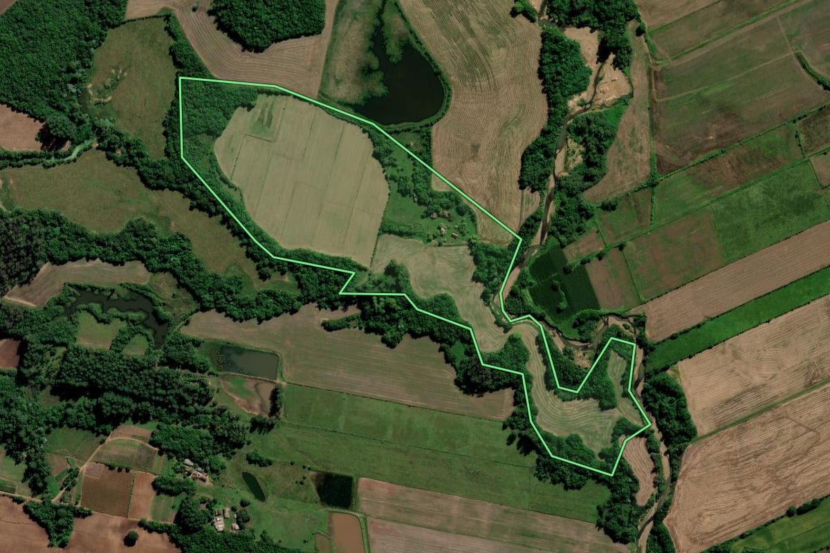 Imagem de satélite do imóvel rural em Paraíso do Sul (RS), com o contorno declarado no CAR desenhado por cima.