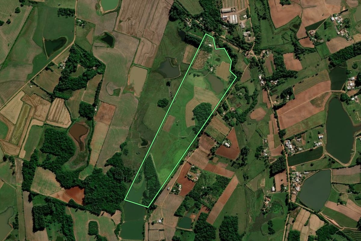 Imagem de satélite do imóvel rural em Paraíso do Sul (RS), com o contorno declarado no CAR desenhado por cima.