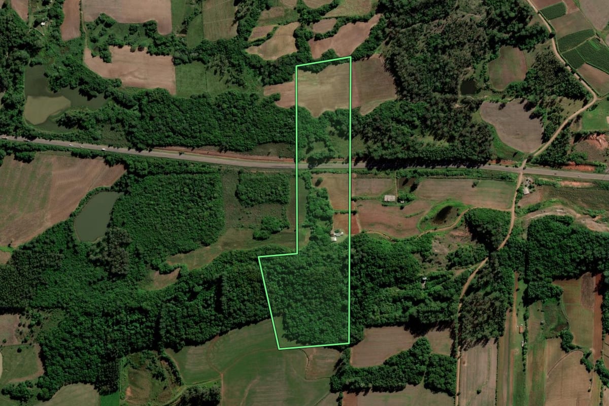 Imagem de satélite do imóvel rural em Paraíso do Sul (RS), com o contorno declarado no CAR desenhado por cima.