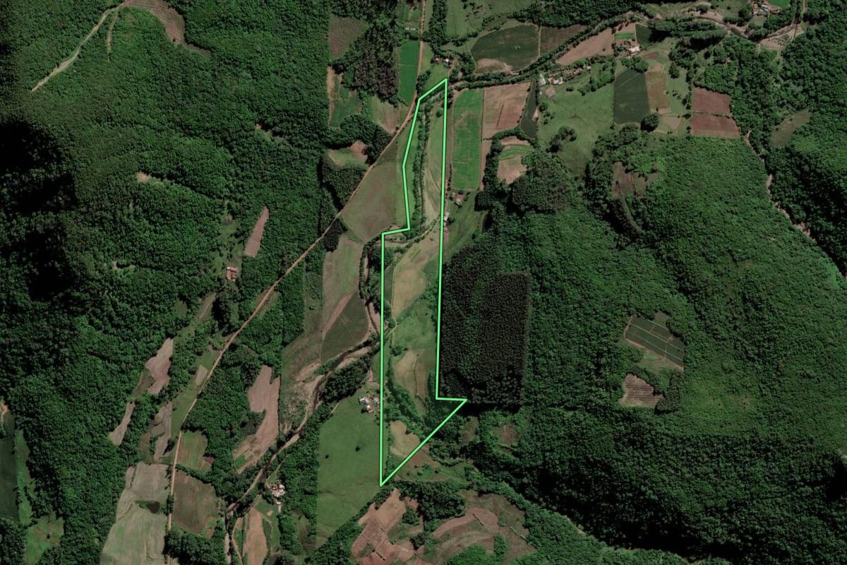 Imagem de satélite do imóvel rural em Paraíso do Sul (RS), com o contorno declarado no CAR desenhado por cima.