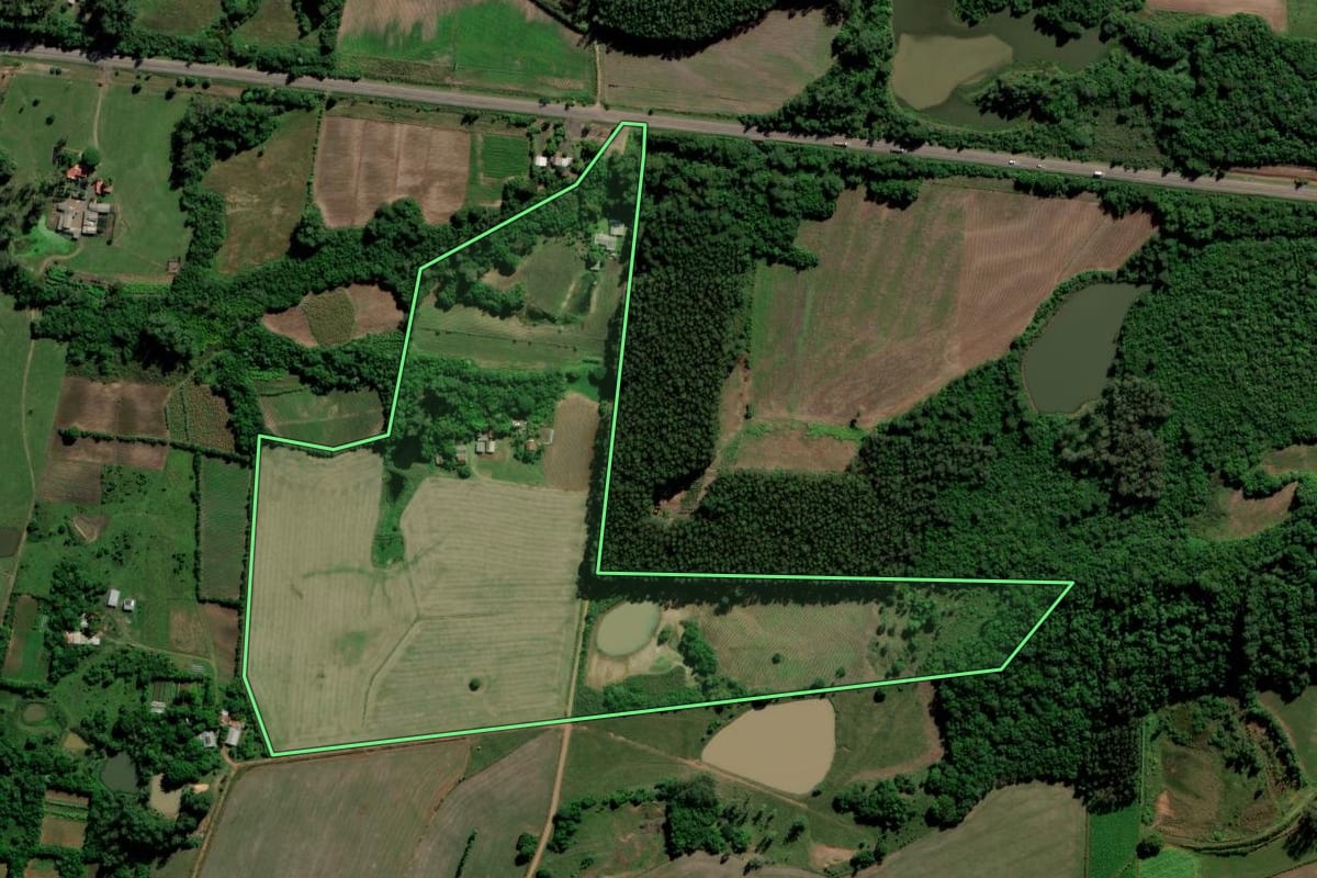Imagem de satélite do imóvel rural em Paraíso do Sul (RS), com o contorno declarado no CAR desenhado por cima.