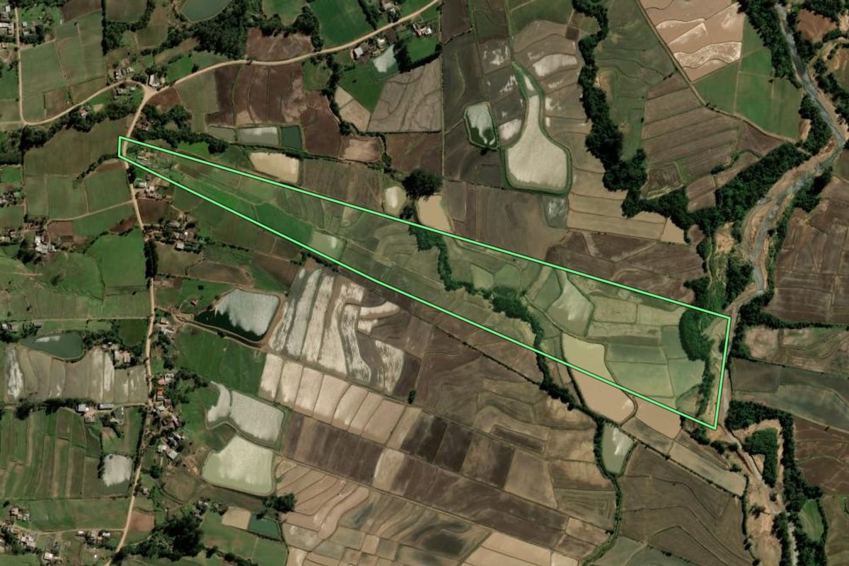 Imagem de satélite do imóvel rural em Paraíso do Sul (RS), com o contorno declarado no CAR desenhado por cima.