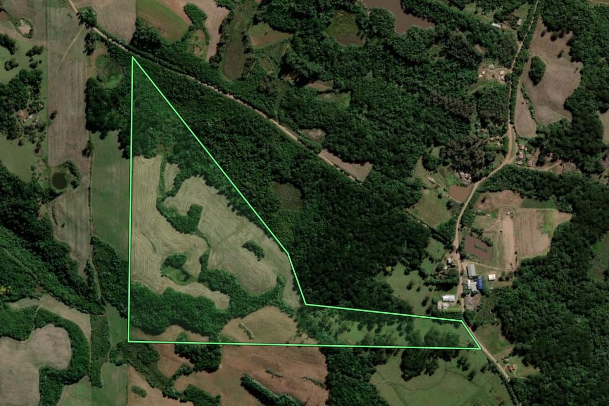 Imagem de satélite do imóvel rural em Paraíso do Sul (RS), com o contorno declarado no CAR desenhado por cima.