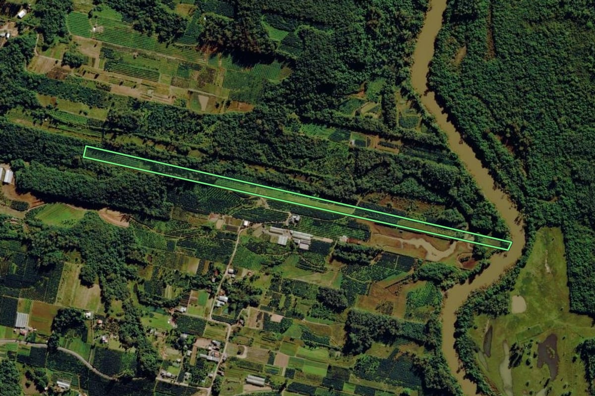 Imagem de satélite do imóvel rural em Pareci Novo (RS), com o contorno declarado no CAR desenhado por cima.