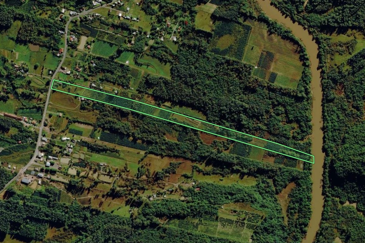 Imagem de satélite do imóvel rural em Pareci Novo (RS), com o contorno declarado no CAR desenhado por cima.