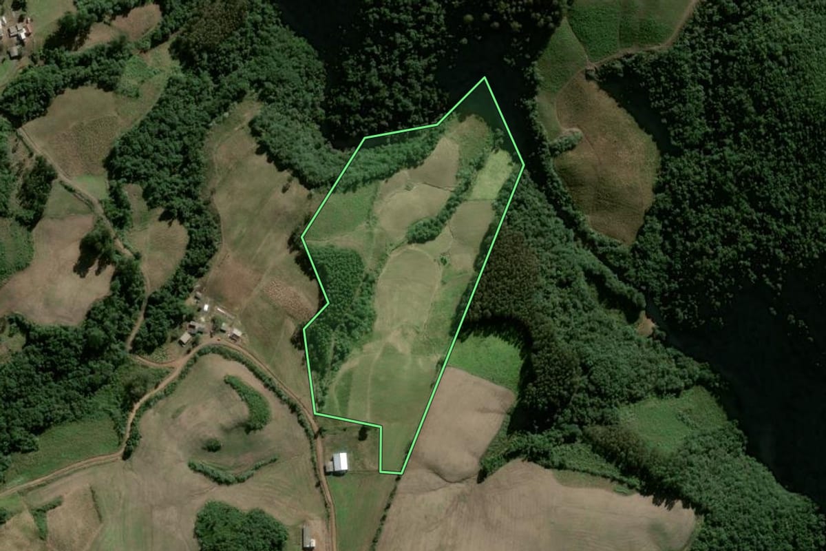 Imagem de satélite do imóvel rural em Passa Sete (RS), com o contorno declarado no CAR desenhado por cima.