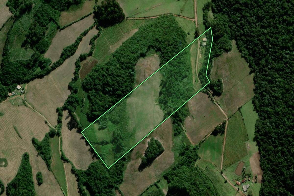 Imagem de satélite do imóvel rural em Passa Sete (RS), com o contorno declarado no CAR desenhado por cima.