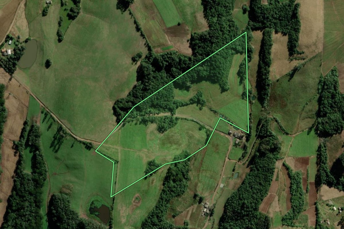 Imagem de satélite do imóvel rural em Passa Sete (RS), com o contorno declarado no CAR desenhado por cima.