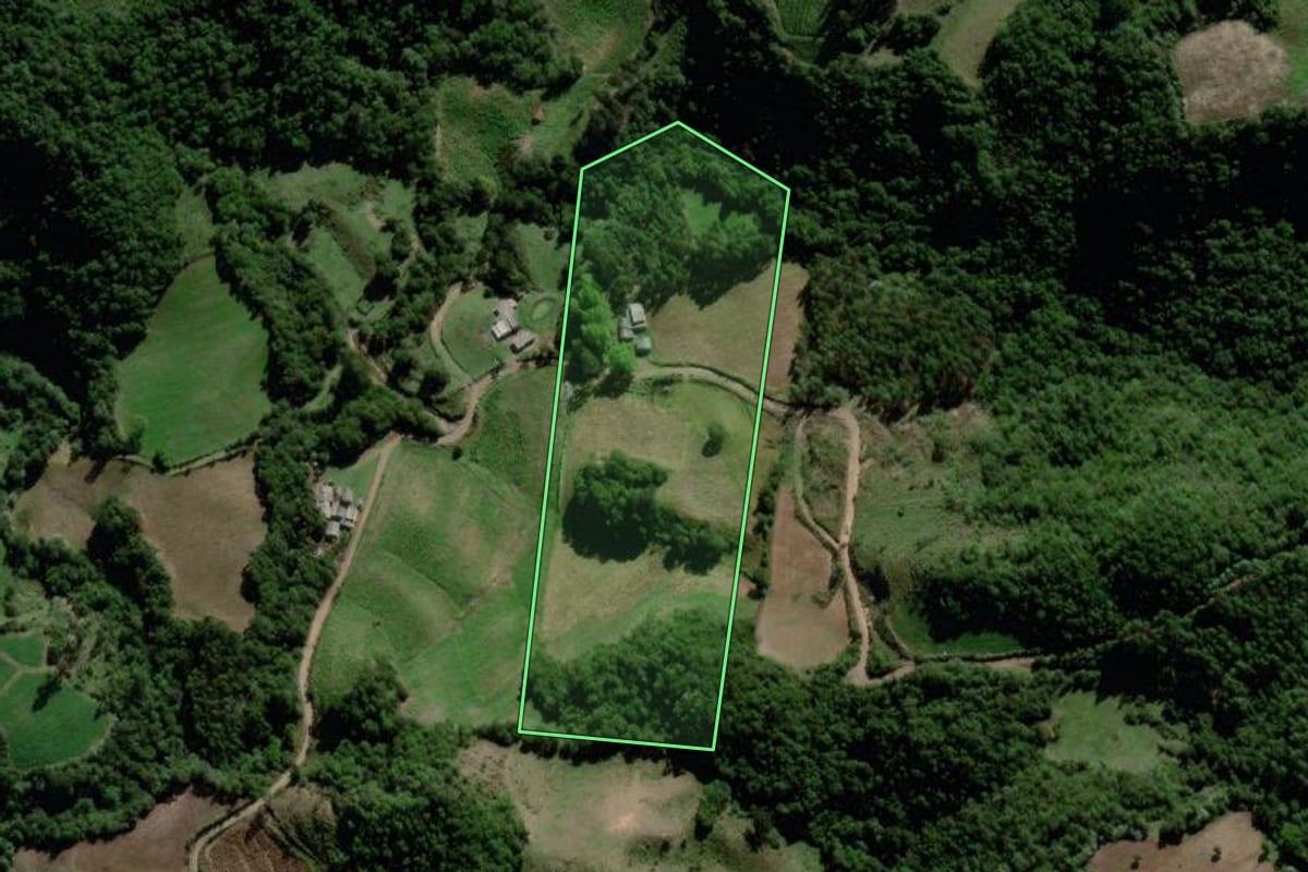 Imagem de satélite do imóvel rural em Passa Sete (RS), com o contorno declarado no CAR desenhado por cima.