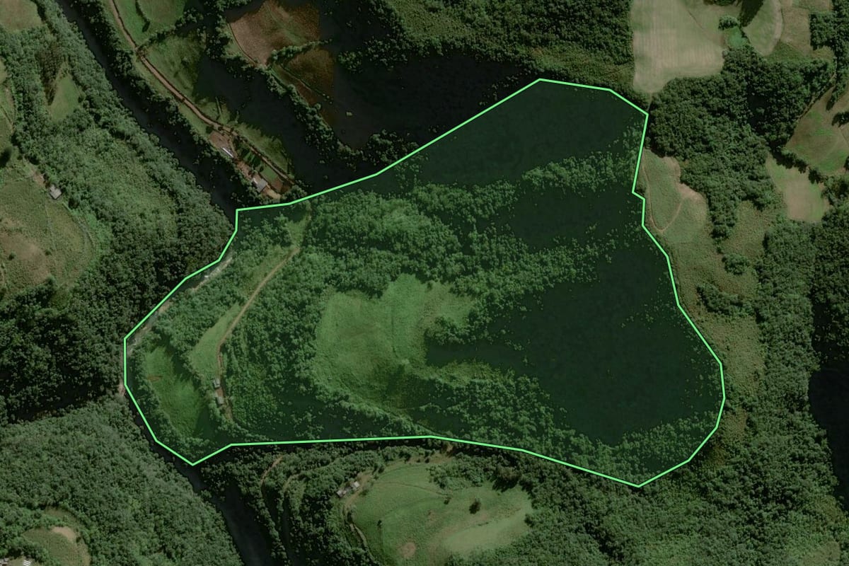 Imagem de satélite do imóvel rural em Passa Sete (RS), com o contorno declarado no CAR desenhado por cima.
