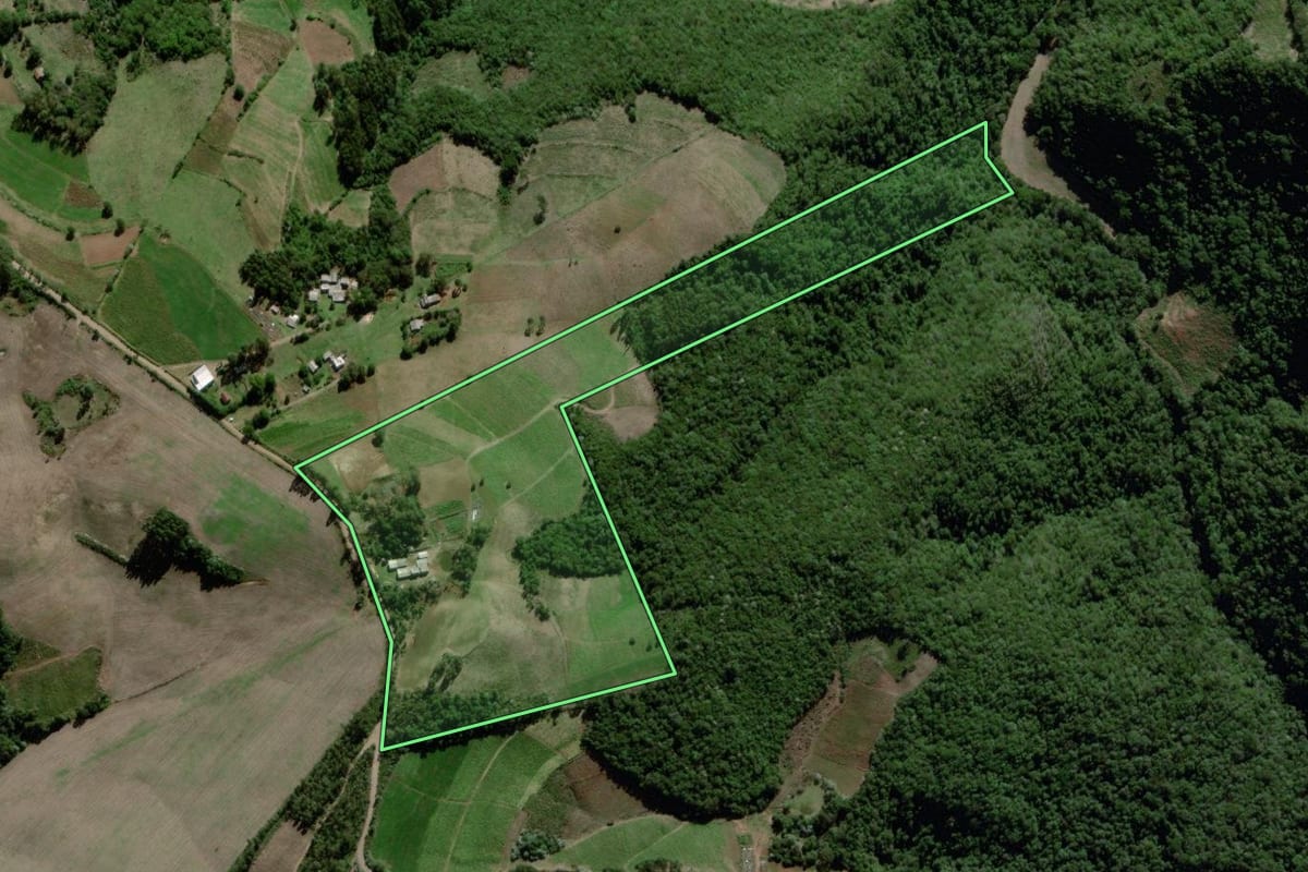 Imagem de satélite do imóvel rural em Passa Sete (RS), com o contorno declarado no CAR desenhado por cima.