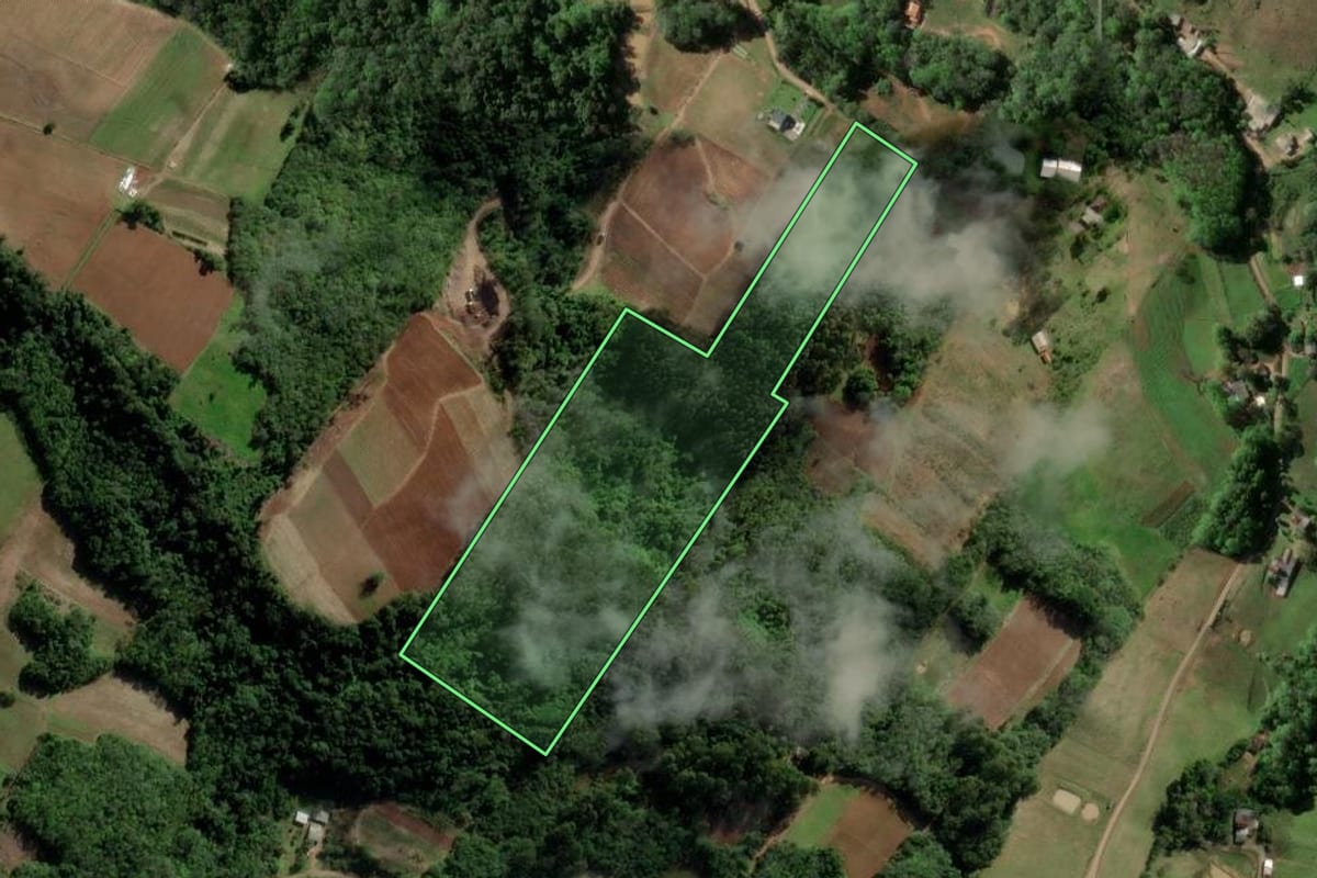 Imagem de satélite do imóvel rural em Passo do Sobrado (RS), com o contorno declarado no CAR desenhado por cima.