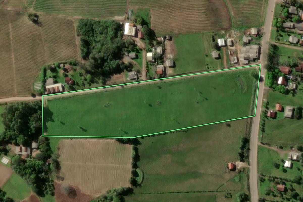 Imagem de satélite do imóvel rural em Passo do Sobrado (RS), com o contorno declarado no CAR desenhado por cima.