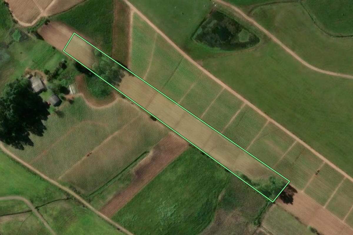 Imagem de satélite do imóvel rural em Passo do Sobrado (RS), com o contorno declarado no CAR desenhado por cima.