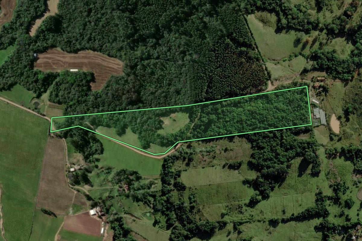 Imagem de satélite do imóvel rural em Passo do Sobrado (RS), com o contorno declarado no CAR desenhado por cima.
