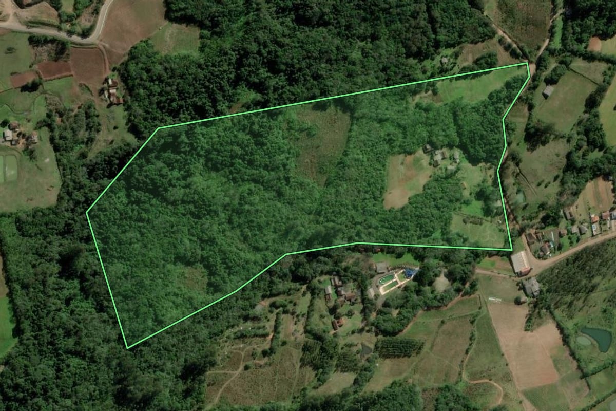 Imagem de satélite do imóvel rural em Passo do Sobrado (RS), com o contorno declarado no CAR desenhado por cima.