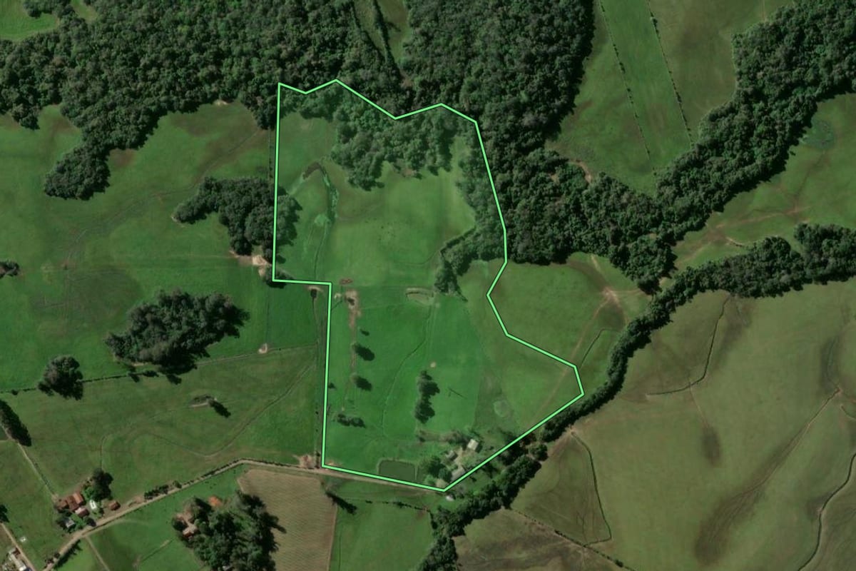Imagem de satélite do imóvel rural em Passo do Sobrado (RS), com o contorno declarado no CAR desenhado por cima.