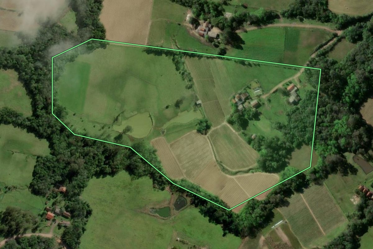 Imagem de satélite do imóvel rural em Passo do Sobrado (RS), com o contorno declarado no CAR desenhado por cima.