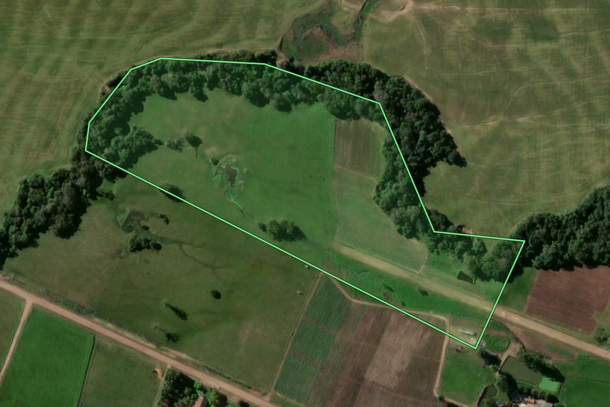 Imagem de satélite do imóvel rural em Passo do Sobrado (RS), com o contorno declarado no CAR desenhado por cima.