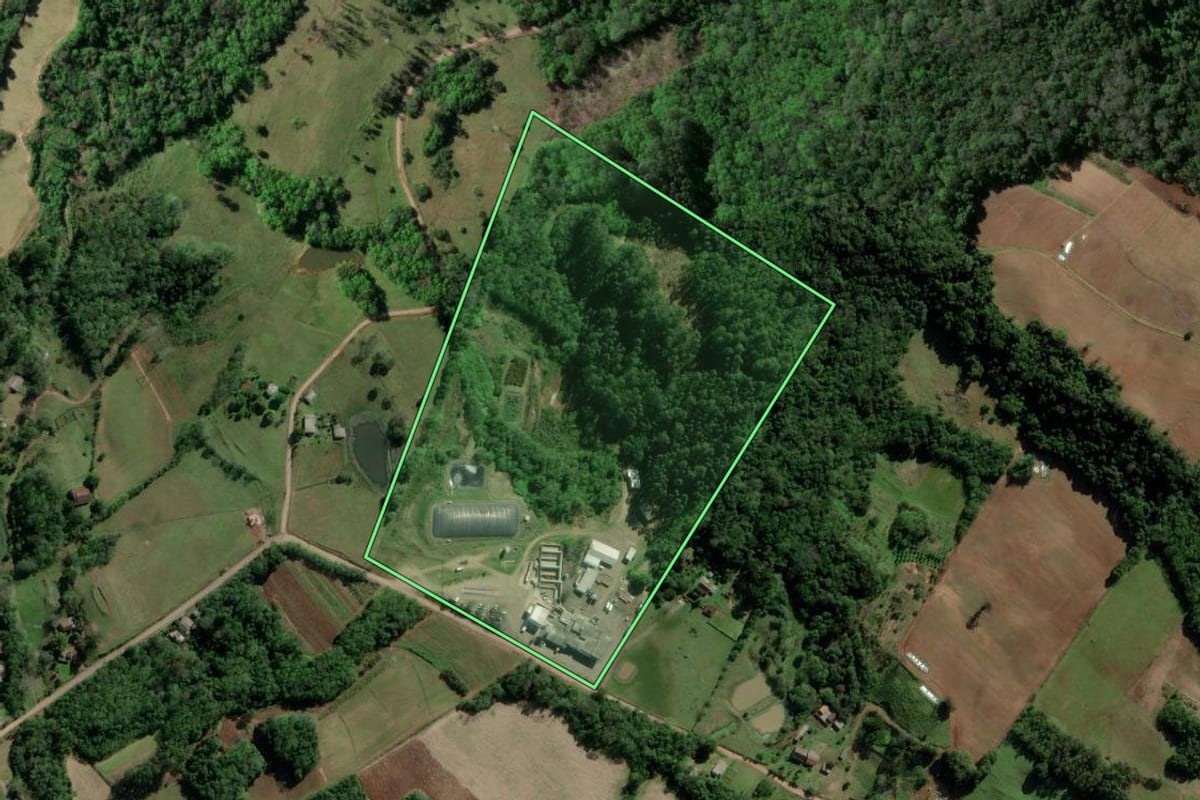 Imagem de satélite do imóvel rural em Passo do Sobrado (RS), com o contorno declarado no CAR desenhado por cima.
