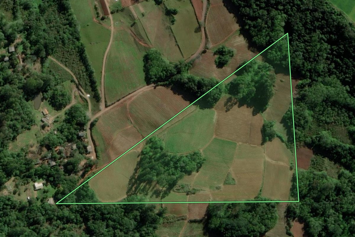 Imagem de satélite do imóvel rural em Passo do Sobrado (RS), com o contorno declarado no CAR desenhado por cima.