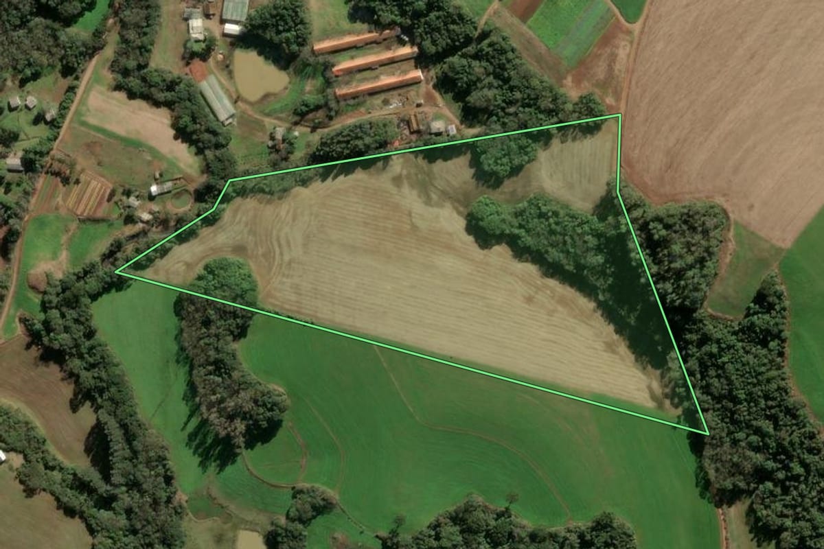Imagem de satélite do imóvel rural em Passo Fundo (RS), com o contorno declarado no CAR desenhado por cima.