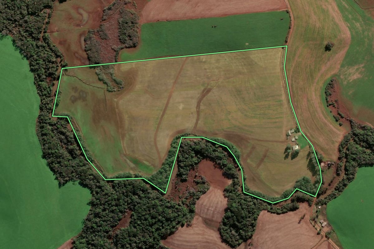Imagem de satélite do imóvel rural em Passo Fundo (RS), com o contorno declarado no CAR desenhado por cima.