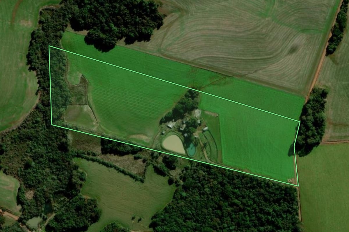 Imagem de satélite do imóvel rural em Passo Fundo (RS), com o contorno declarado no CAR desenhado por cima.