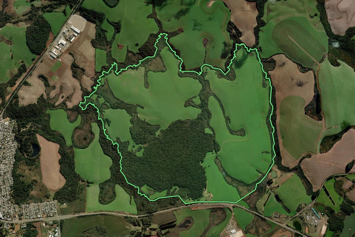 Imagem de satélite do imóvel rural em Passo Fundo (RS), com o contorno declarado no CAR desenhado por cima.