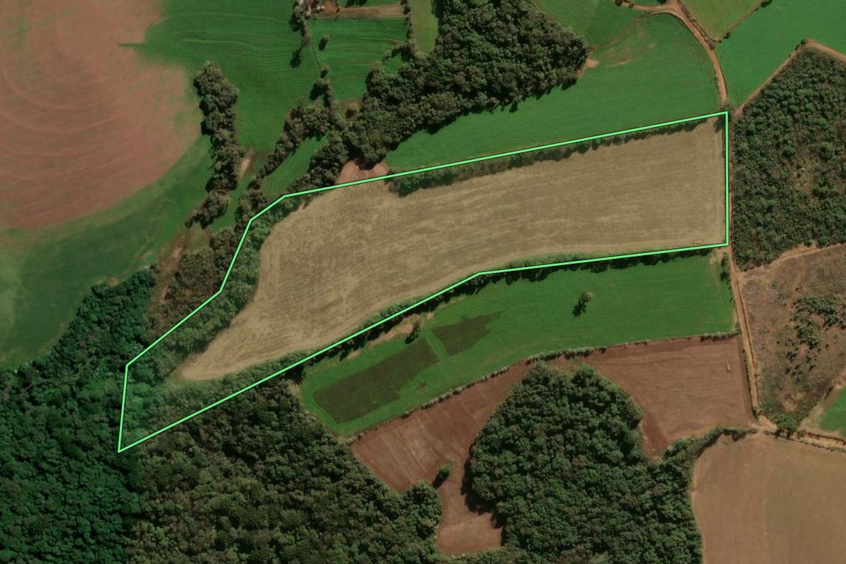 Imagem de satélite do imóvel rural em Passo Fundo (RS), com o contorno declarado no CAR desenhado por cima.