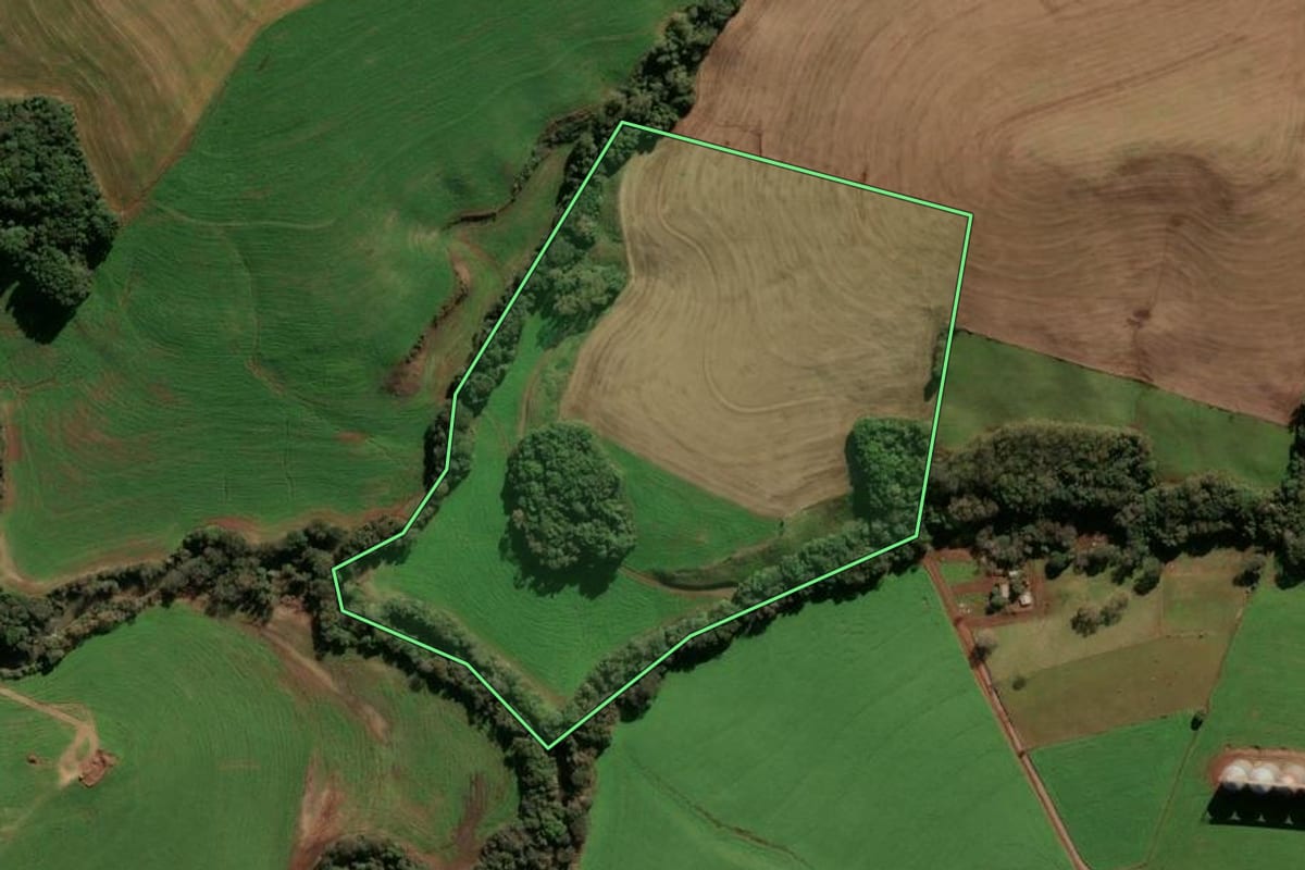 Imagem de satélite do imóvel rural em Passo Fundo (RS), com o contorno declarado no CAR desenhado por cima.