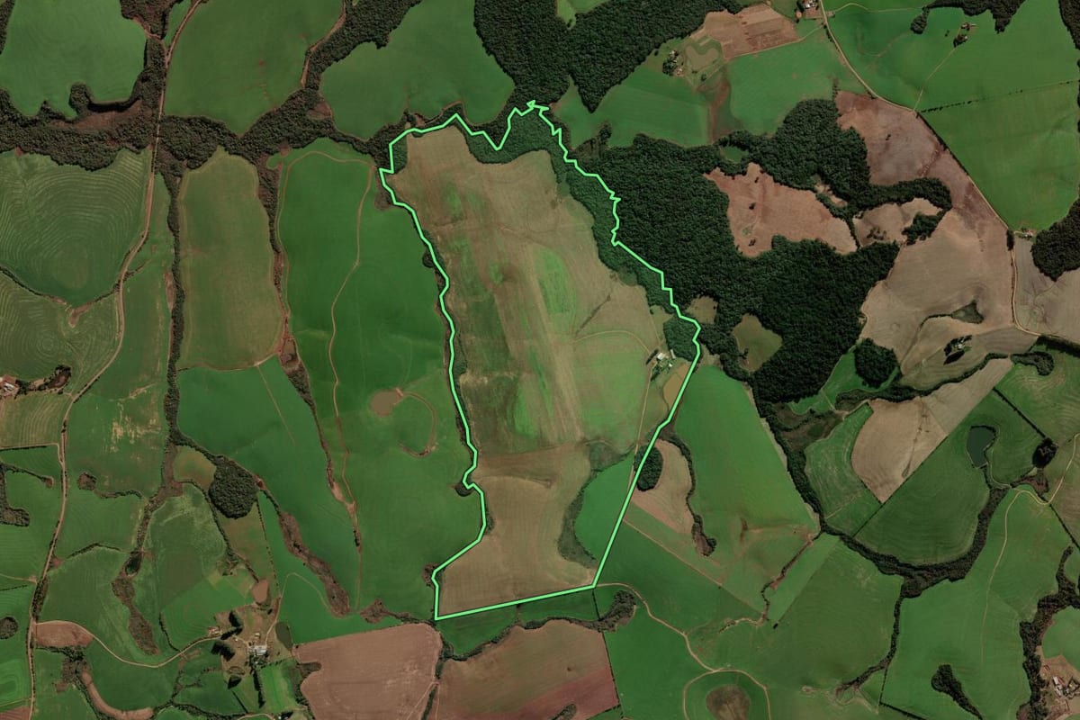 Imagem de satélite do imóvel rural em Passo Fundo (RS), com o contorno declarado no CAR desenhado por cima.