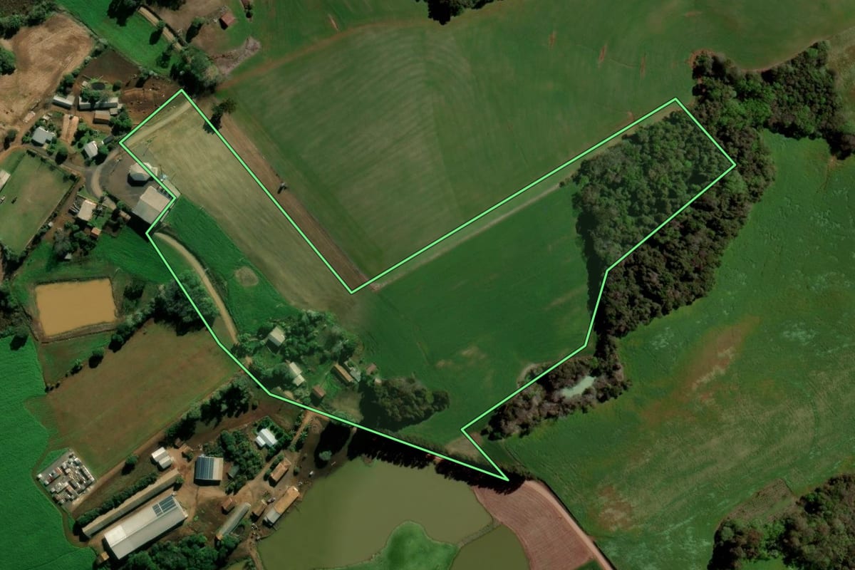 Imagem de satélite do imóvel rural em Paulo Bento (RS), com o contorno declarado no CAR desenhado por cima.