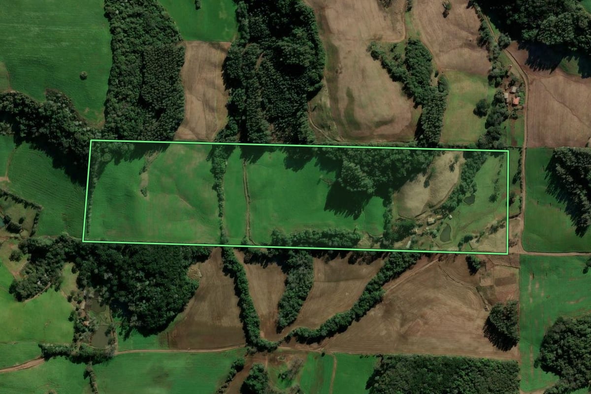 Imagem de satélite do imóvel rural em Paulo Bento (RS), com o contorno declarado no CAR desenhado por cima.