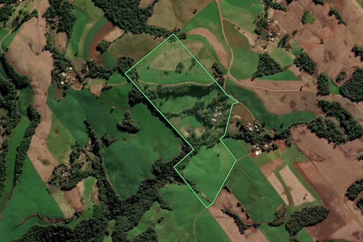 Imagem de satélite do imóvel rural em Paulo Bento (RS), com o contorno declarado no CAR desenhado por cima.