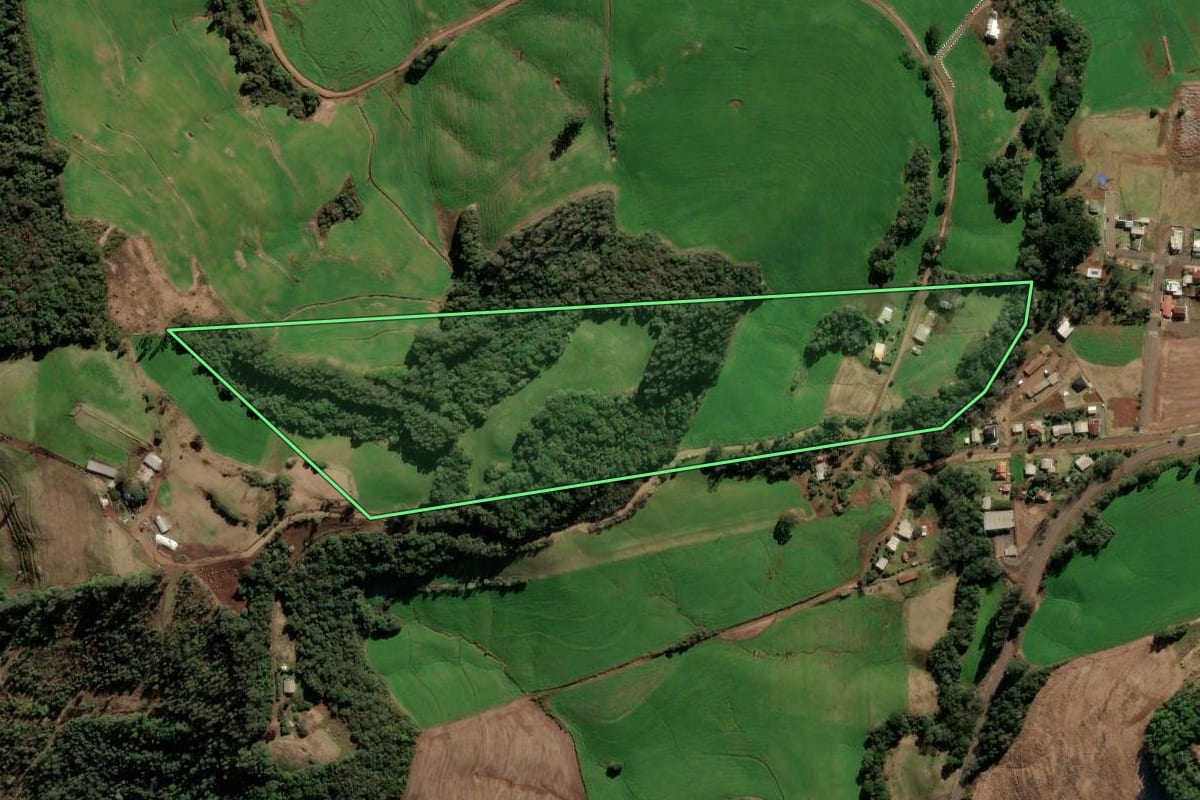 Imagem de satélite do imóvel rural em Paulo Bento (RS), com o contorno declarado no CAR desenhado por cima.