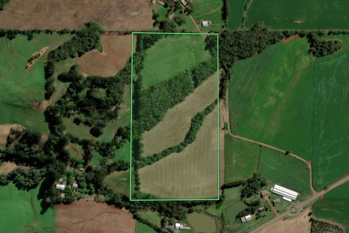 Imagem de satélite do imóvel rural em Paulo Bento (RS), com o contorno declarado no CAR desenhado por cima.