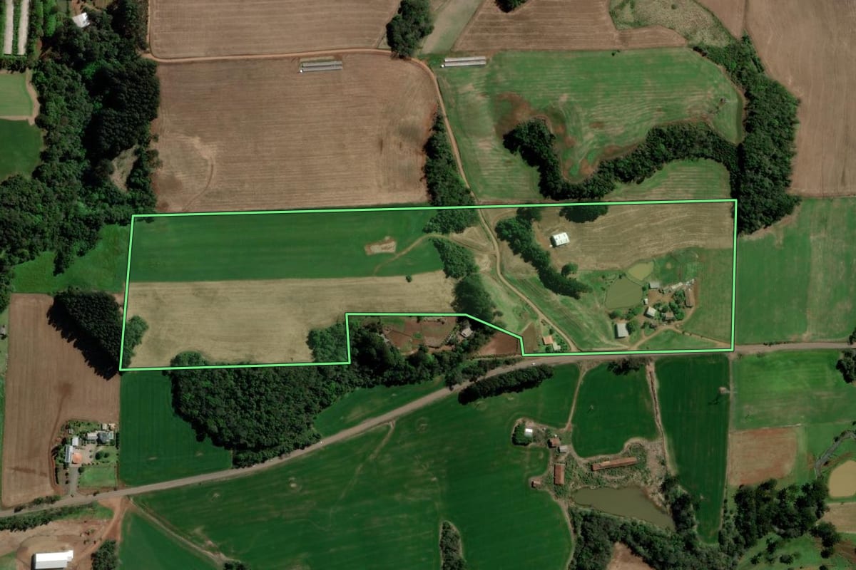 Imagem de satélite do imóvel rural em Paulo Bento (RS), com o contorno declarado no CAR desenhado por cima.