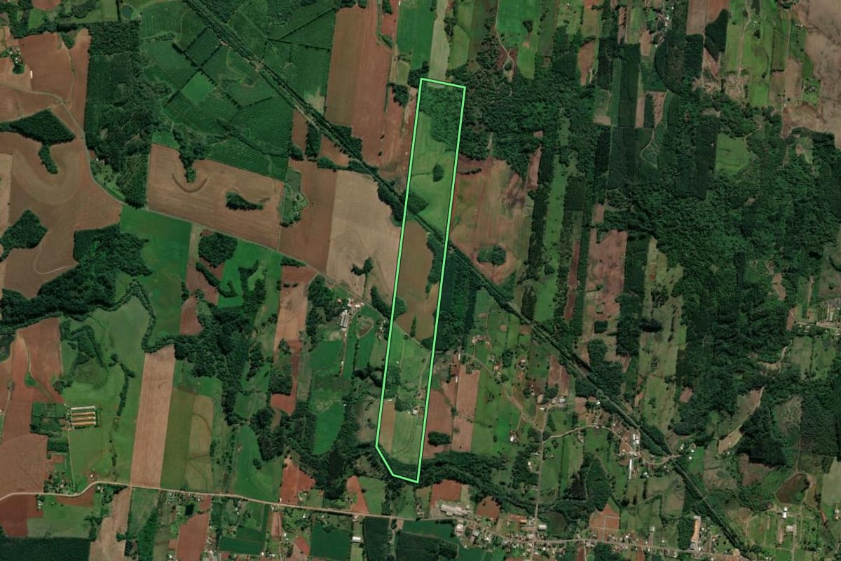 Imagem de satélite do imóvel rural em Paverama (RS), com o contorno declarado no CAR desenhado por cima.