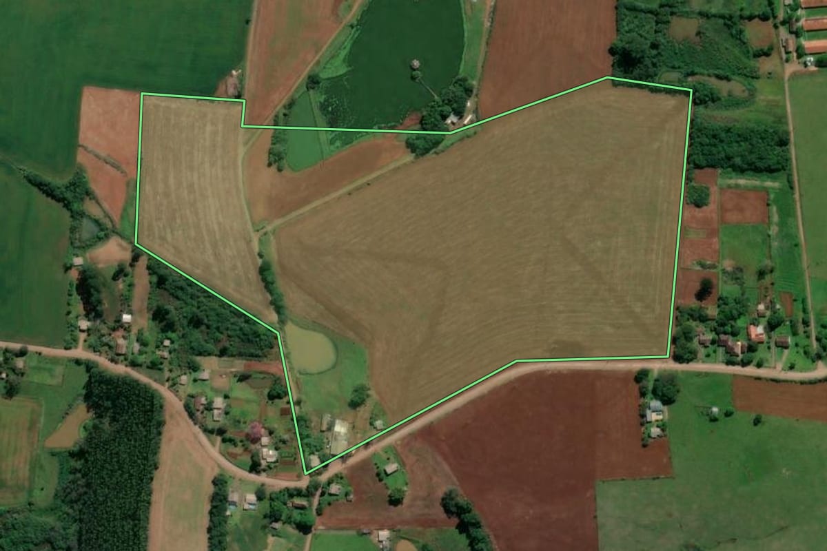 Imagem de satélite do imóvel rural em Paverama (RS), com o contorno declarado no CAR desenhado por cima.