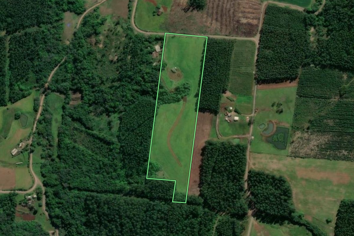 Imagem de satélite do imóvel rural em Paverama (RS), com o contorno declarado no CAR desenhado por cima.